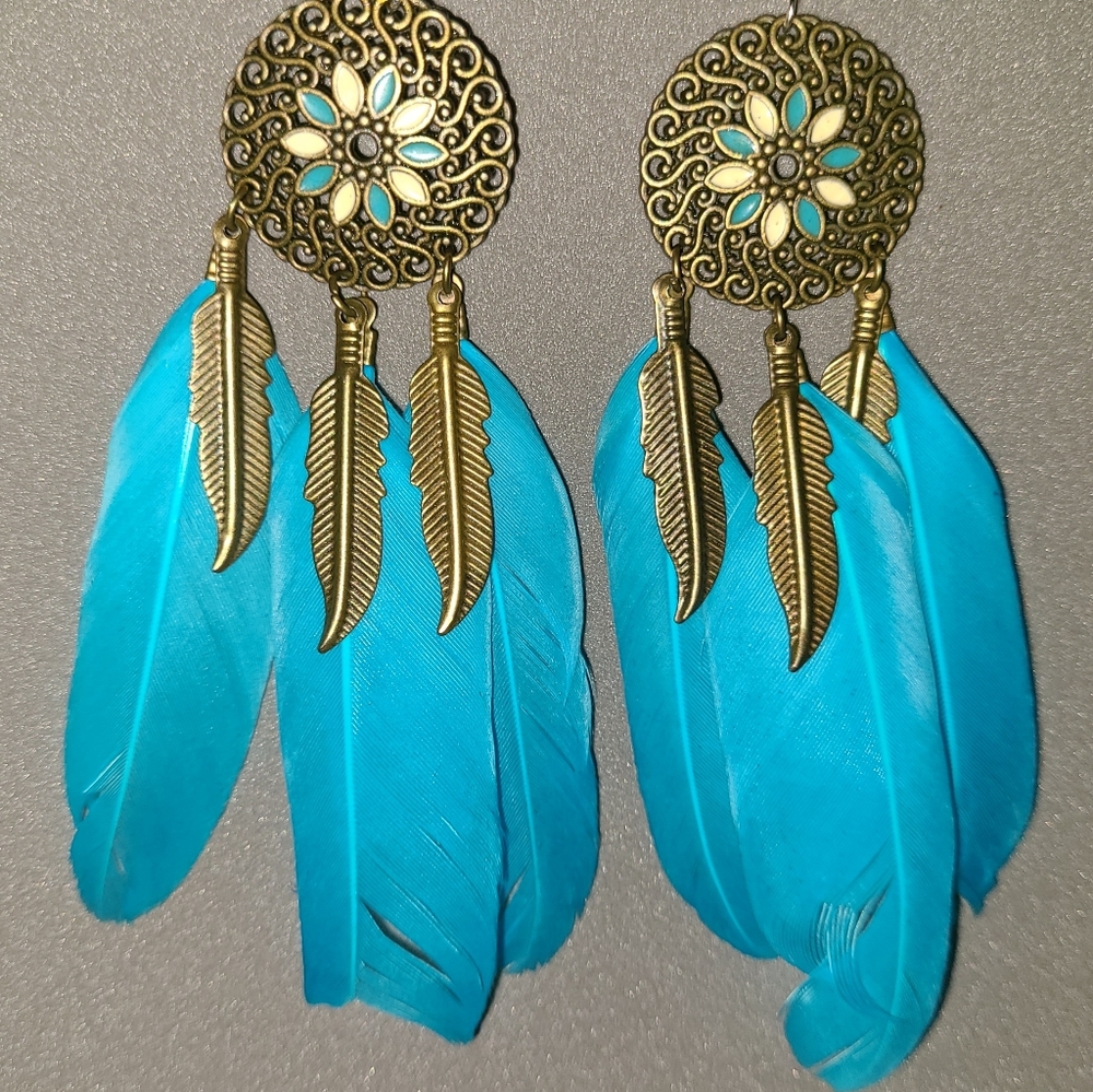 Aqua Feather Boho Style Earrings
